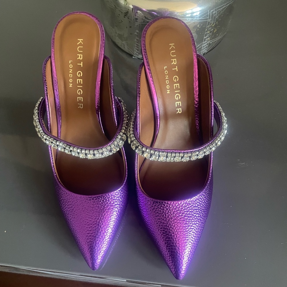 Kurt Geiger Purple Heeled Mules with Rhinestone Embellishments
